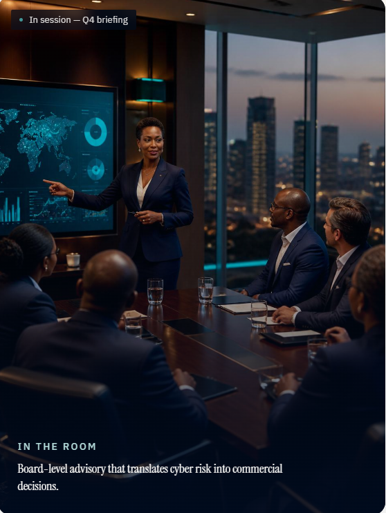 Executive advisory session reviewing enterprise cyber risk posture