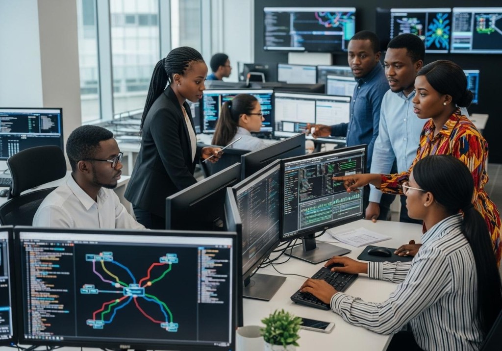 Security operations analysts collaborating over threat data